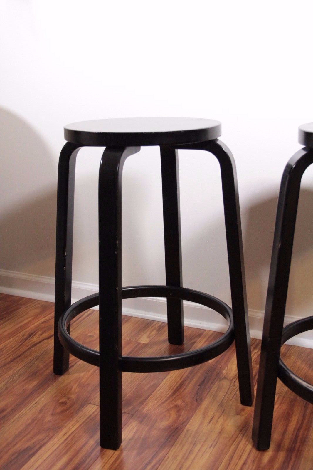 Modern Alvar Aalto for Artek #64 bentwood Mid Century black lacquered Stools