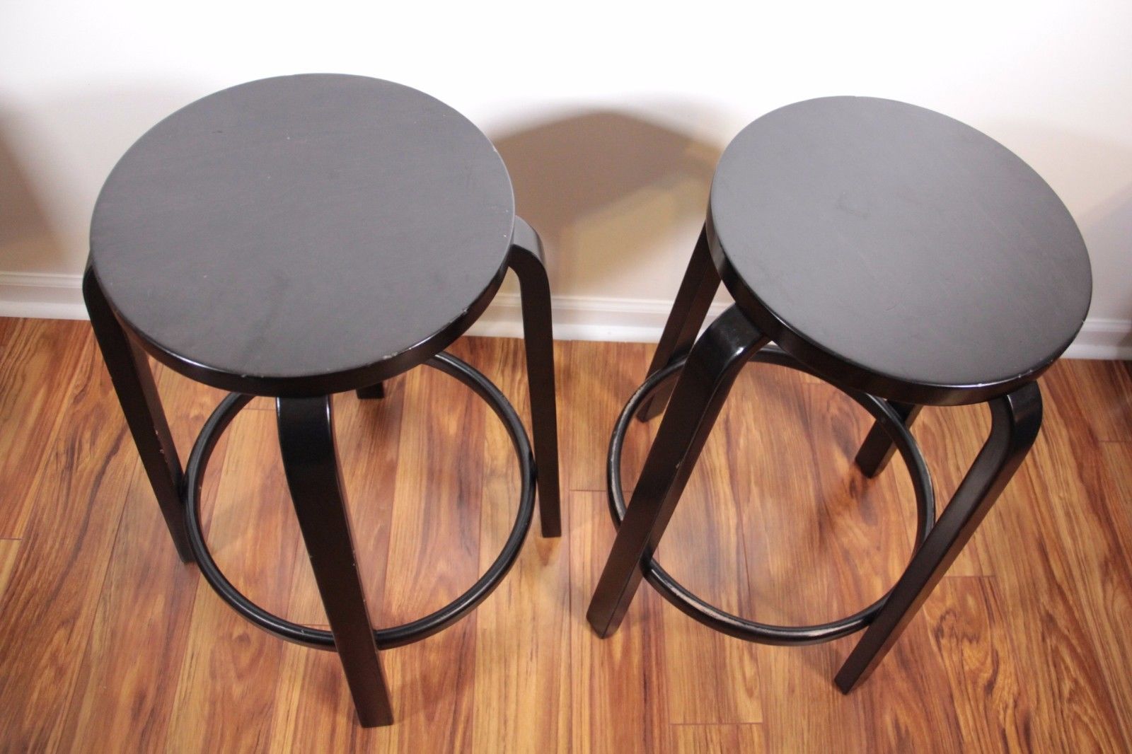 Modern Alvar Aalto for Artek #64 bentwood Mid Century black lacquered Stools