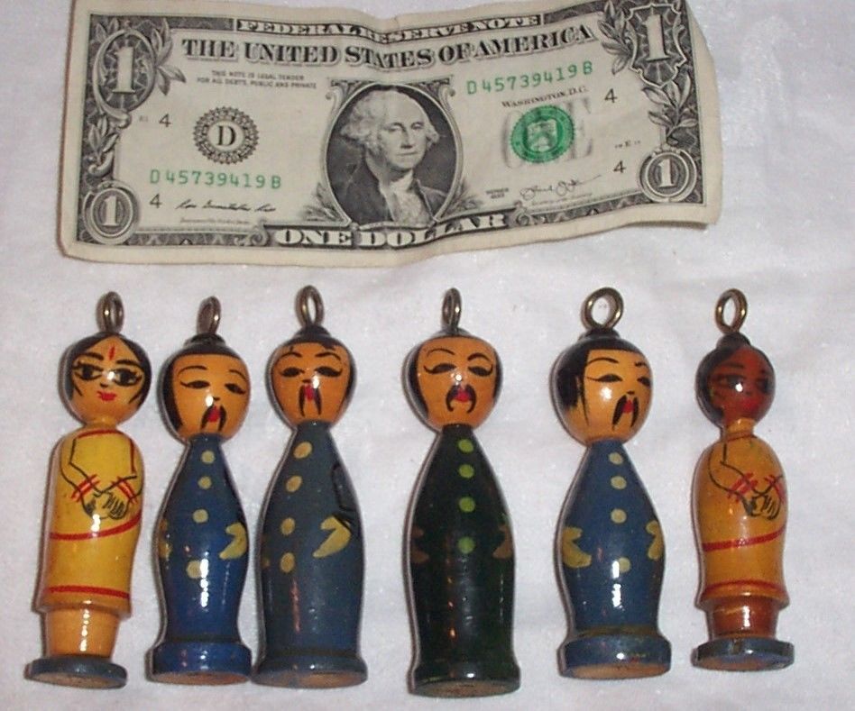 Vintage Wood Oriental People Figures, Collectible  Christmas Ornaments