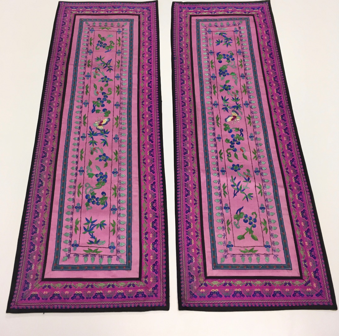 Oriental Silk Tapestry Hand Made Pair of Panels 8" x 23" Pink Purple 1 Butterfly