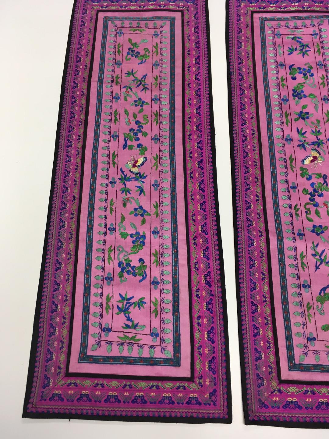 Oriental Silk Tapestry Hand Made Pair of Panels 8" x 23" Pink Purple 1 Butterfly