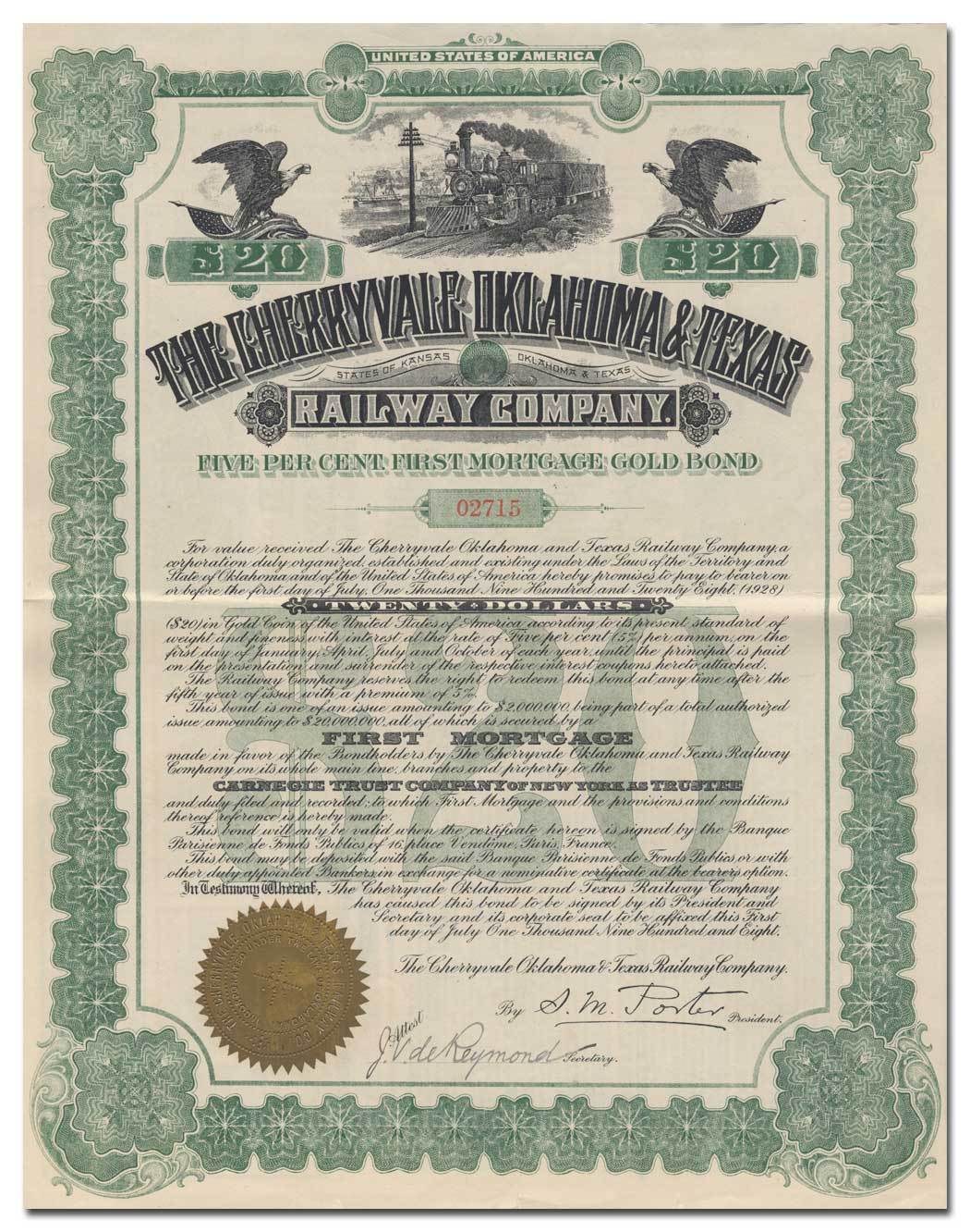 Cherryvale, Oklahoma & Texas Railway Company Bond Certificate