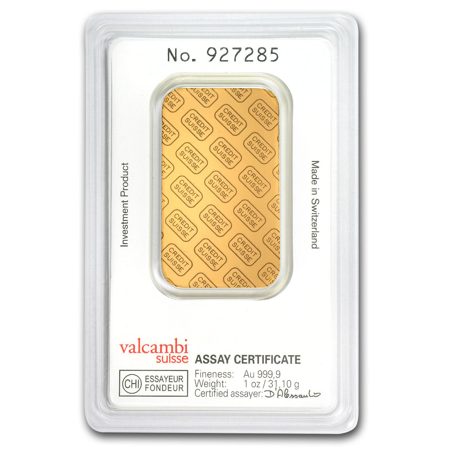 1 oz Credit Suisse Gold Bar .9999 Fine In Assay - SKU #82687