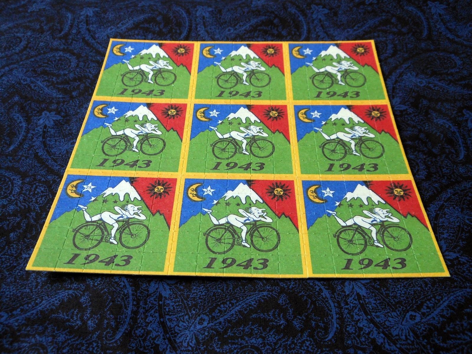 Blotter Art "Bicycle Day" Perforated Collection Paper Hoffman Bike Ride 1943