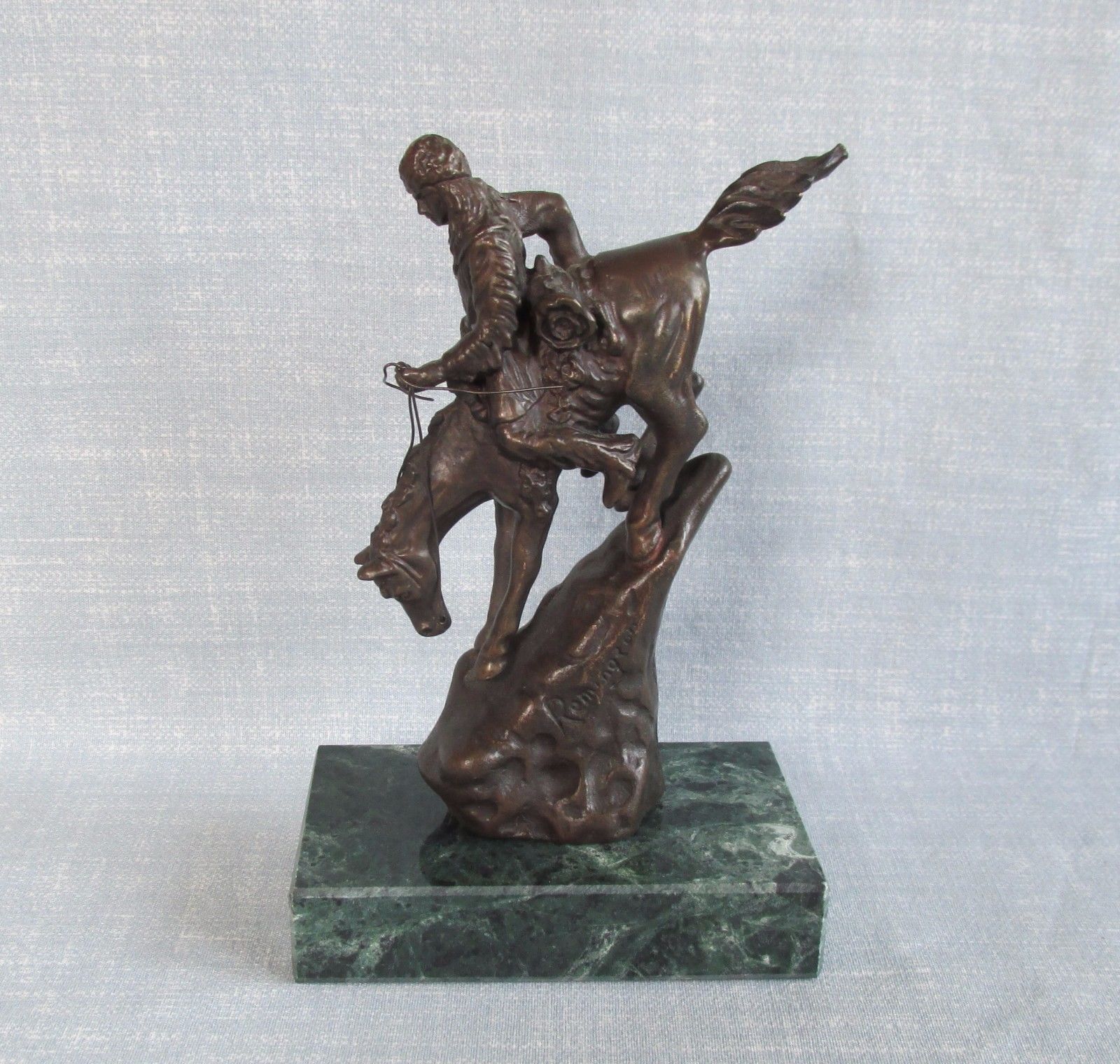 REMINGTON BRONZE MOUNTAIN MAN ON HORSE ON MARBLE BASE MINI SCULPTURE STATUE