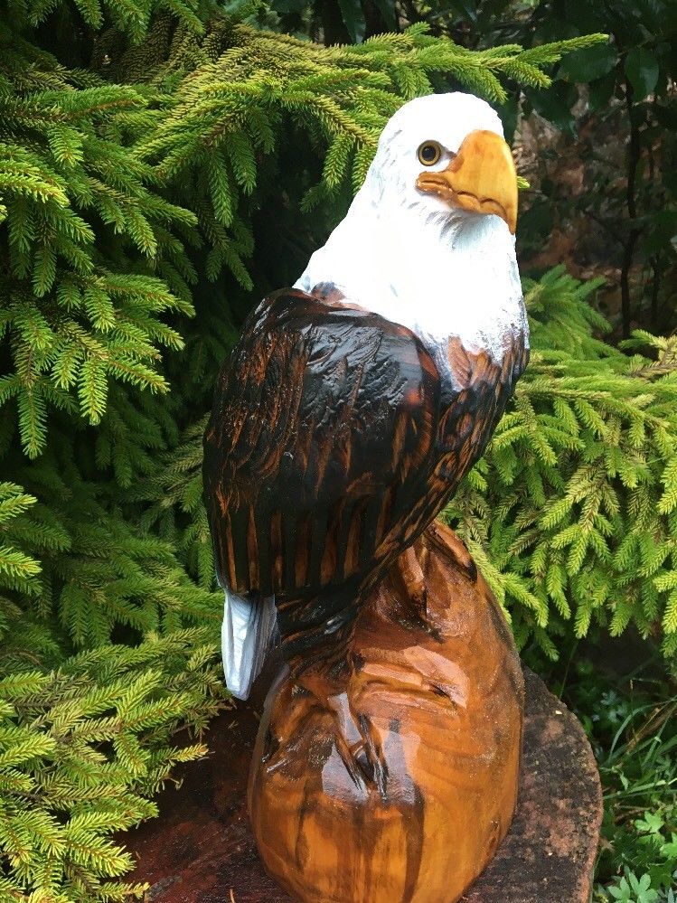 CHAINSAW CARVED Eagle white pine WOOD CARVING STATUE RUSTIC LOG HOME DECOR