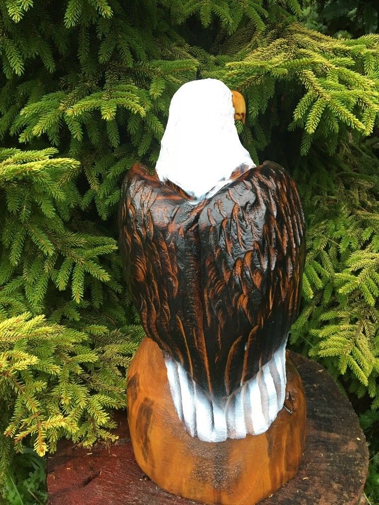 CHAINSAW CARVED Eagle white pine WOOD CARVING STATUE RUSTIC LOG HOME DECOR