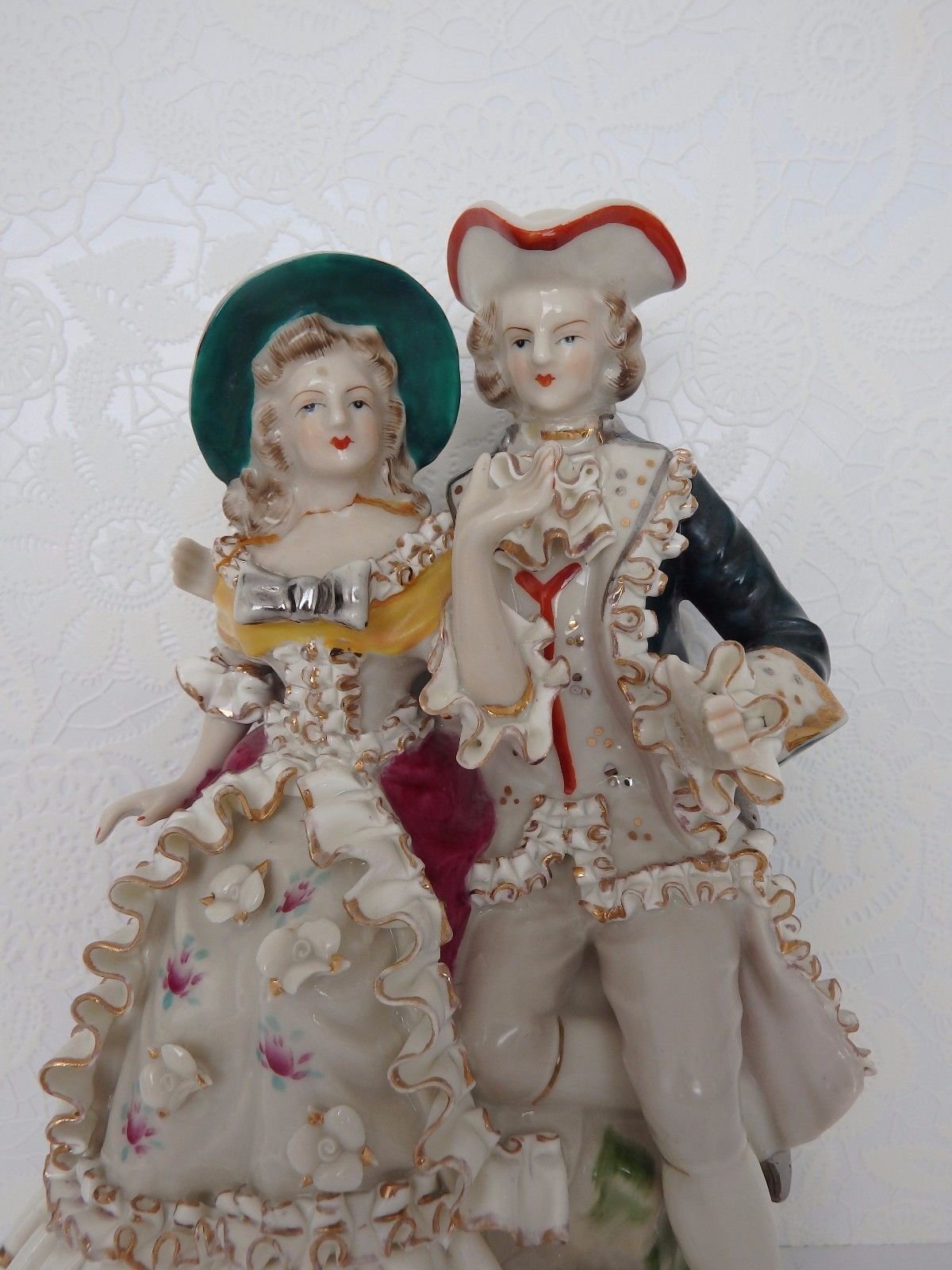 Lovely Vintage Victorian Lace Porcelain Couple Figurine.