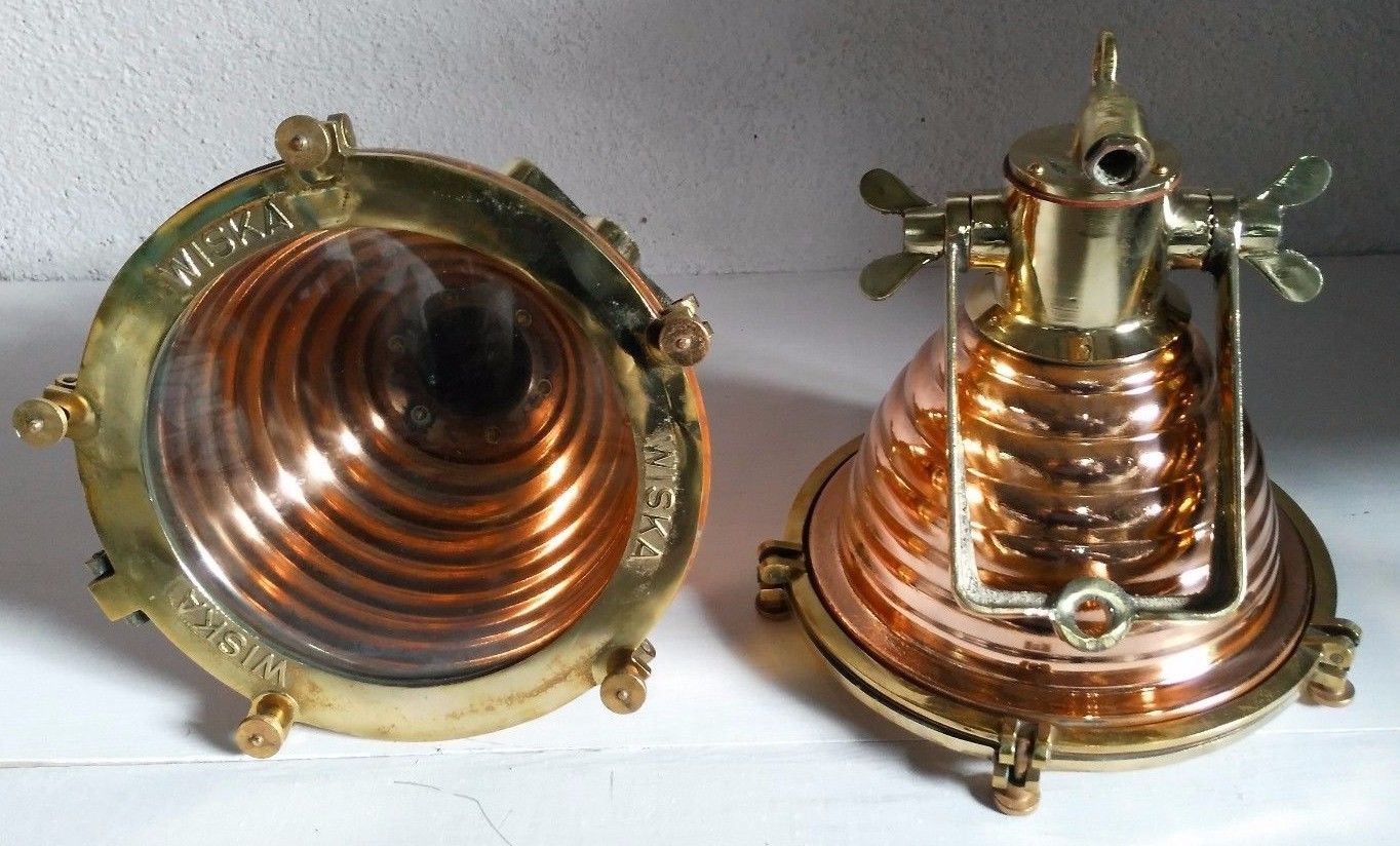 VINTAGE MARINE SHIP NAUTICAL WISKA CEILING FOX LIGHT COPPER & BRASS SET OF 2 PCS