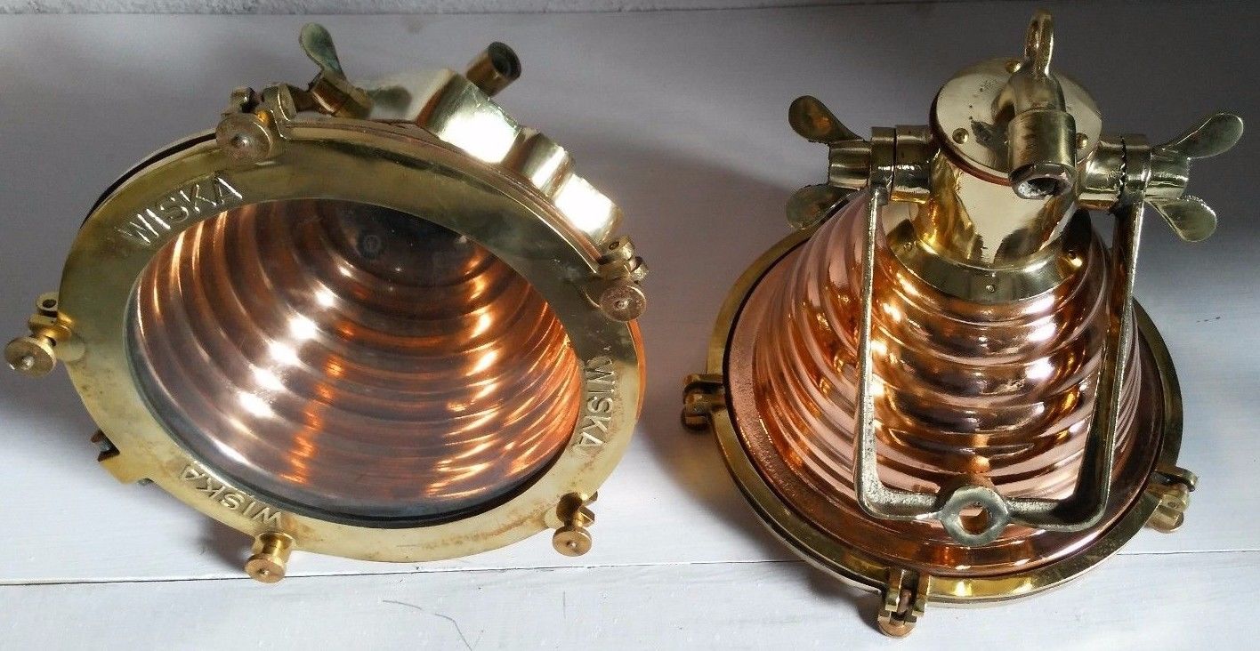 VINTAGE MARINE SHIP NAUTICAL WISKA CEILING FOX LIGHT COPPER & BRASS SET OF 2 PCS