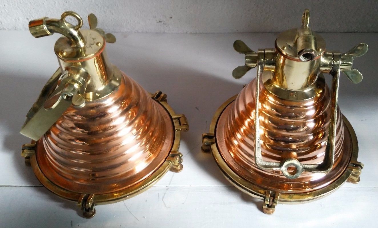 VINTAGE MARINE SHIP NAUTICAL WISKA CEILING FOX LIGHT COPPER & BRASS SET OF 2 PCS