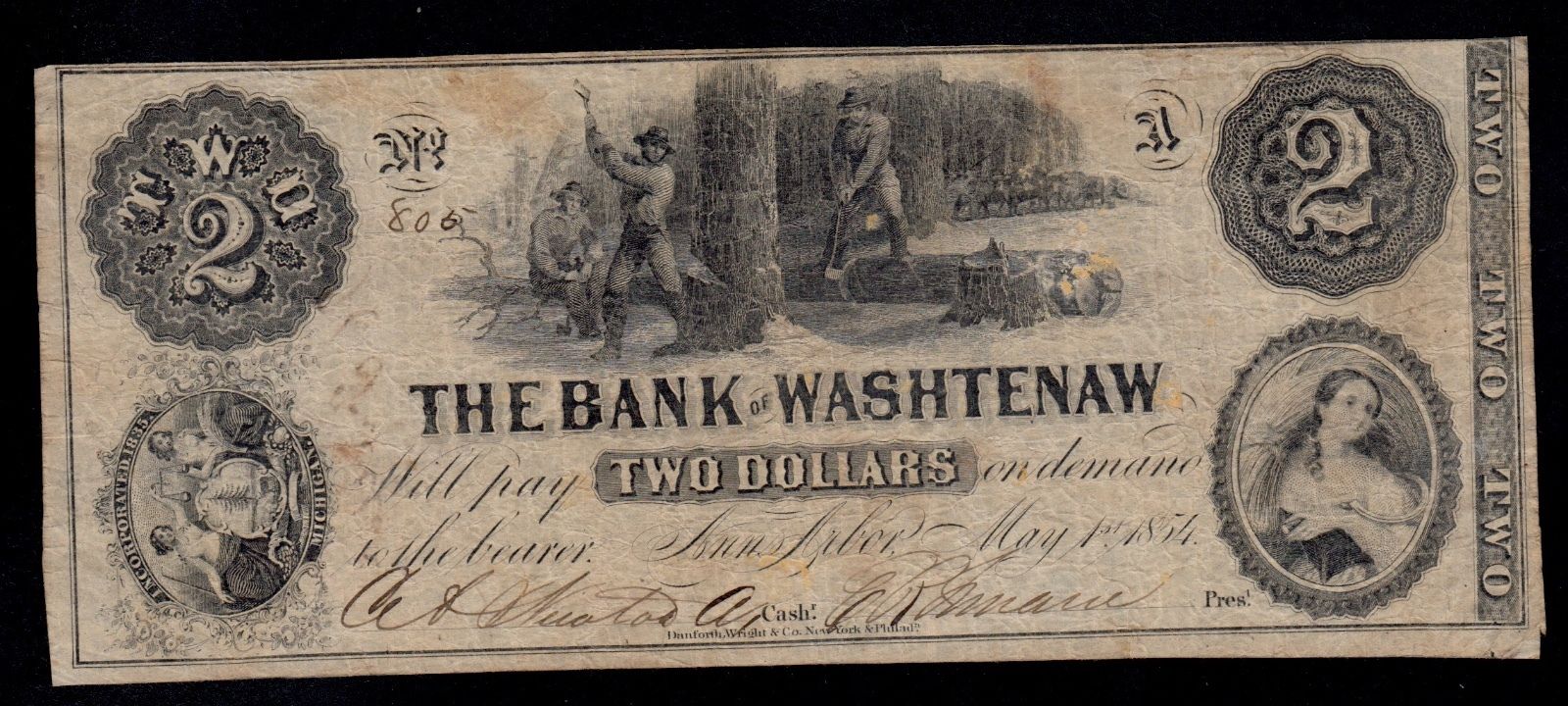 UNITED STATES  2  DOLLARS 1854 THE  BANK OF WASHTENAW  FINE.