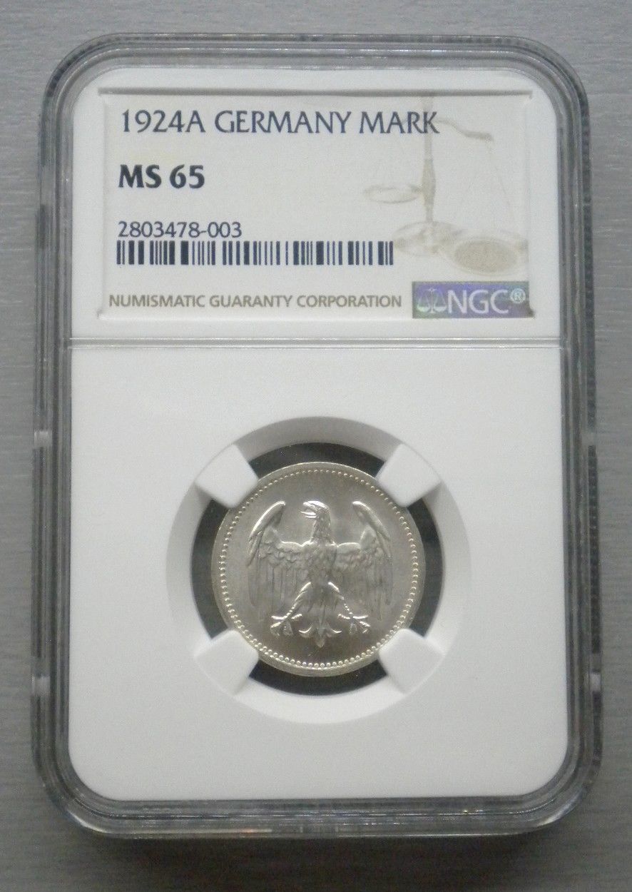 Germany 1 Mark 1924-A Weimar Republic KM#42 Silver Coin ** GEM UNC NGC MS 65