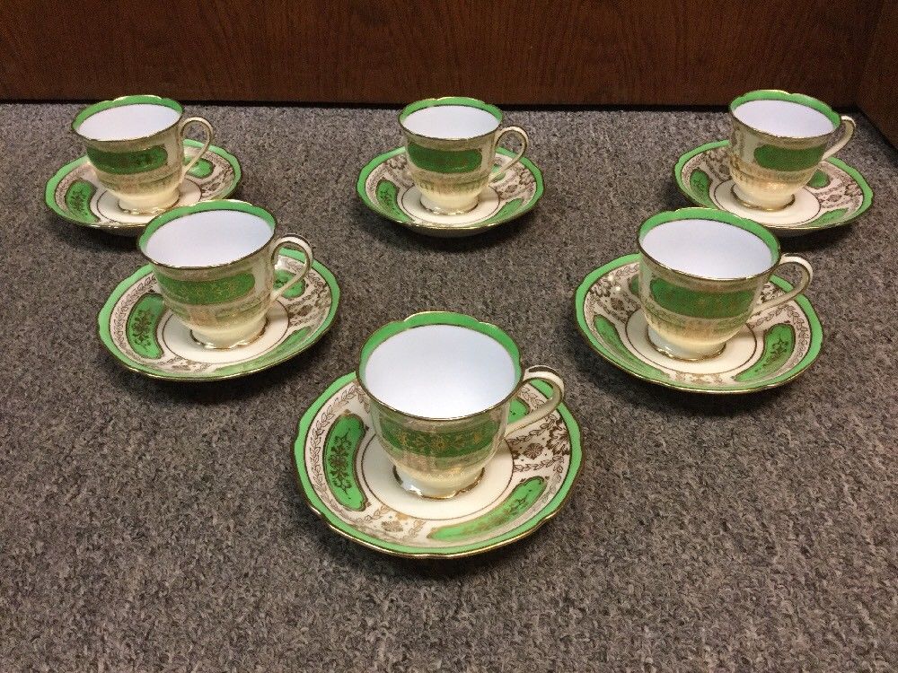 Vintage Noritake Japan Tea Cup And Saucer Set (6) Lime Green W/ Gold