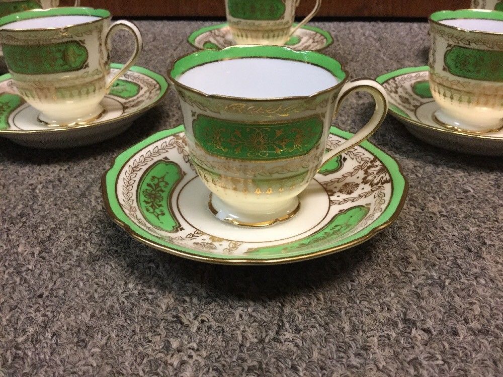 Vintage Noritake Japan Tea Cup And Saucer Set (6) Lime Green W/ Gold