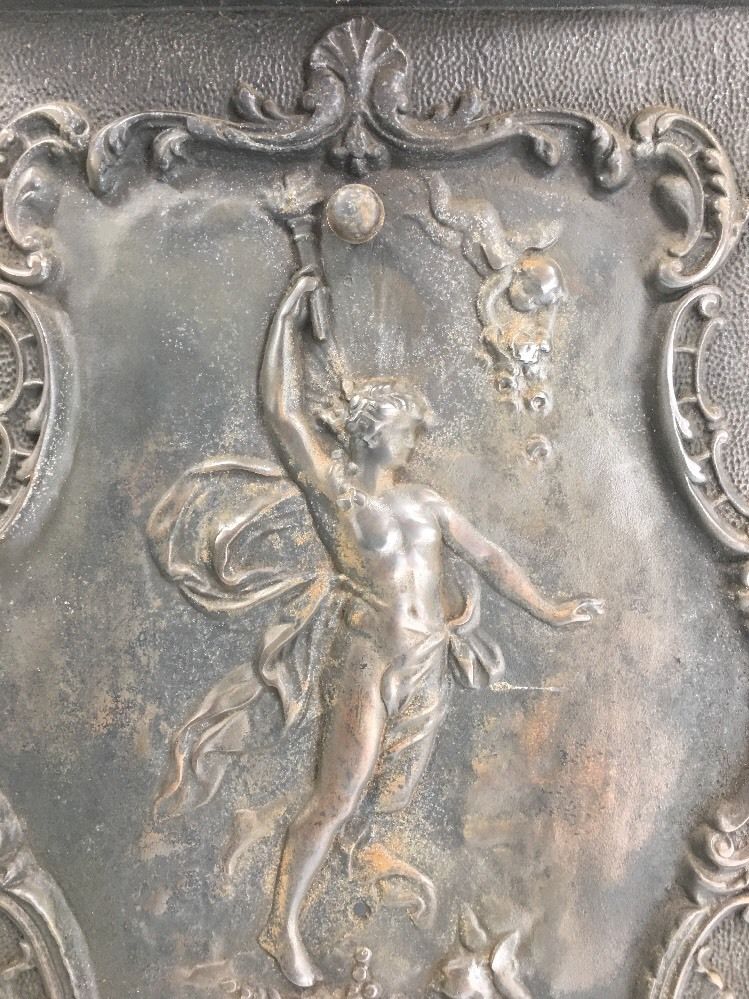 ANTIQUE CAST IRON SUMMER FIREPLACE COVER GREEK TORCH CHERUB VICTORIAN VTG