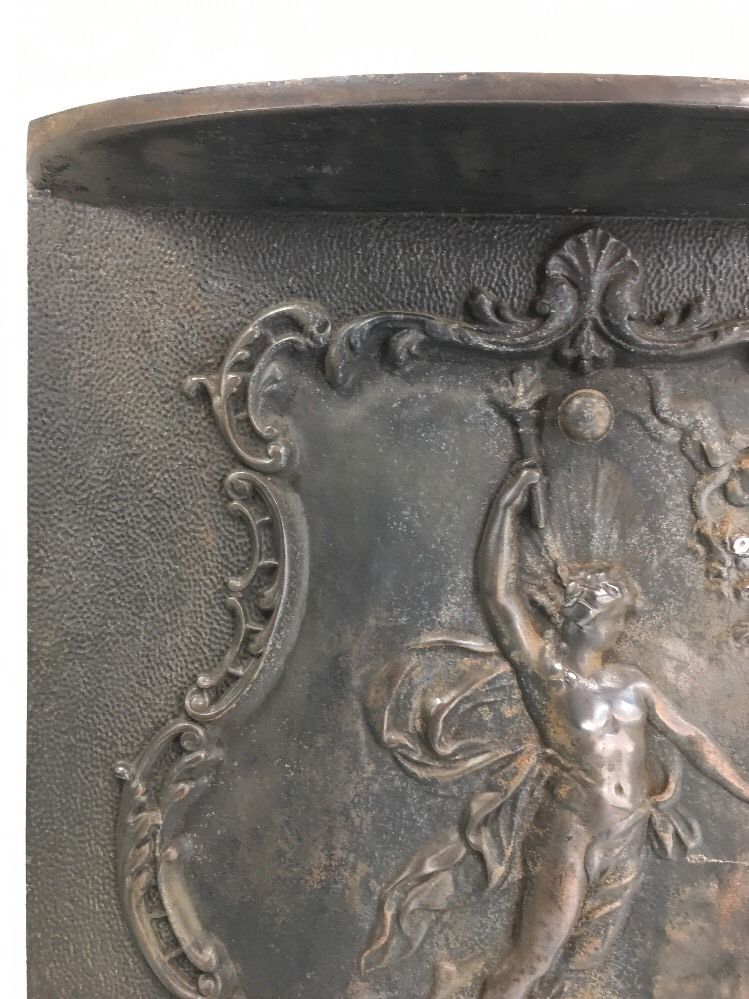 ANTIQUE CAST IRON SUMMER FIREPLACE COVER GREEK TORCH CHERUB VICTORIAN VTG