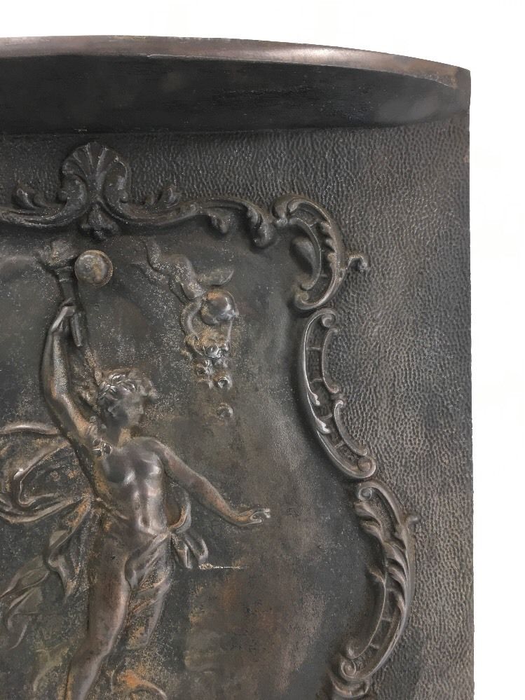 ANTIQUE CAST IRON SUMMER FIREPLACE COVER GREEK TORCH CHERUB VICTORIAN VTG