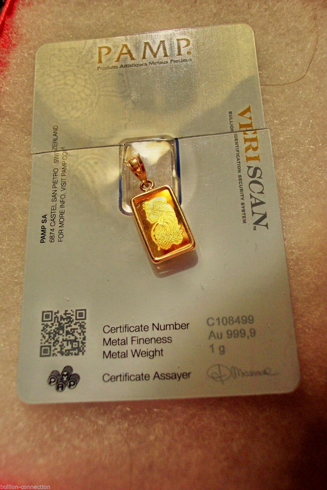 NEW 24 KT GOLD 1 GRAM PAMP SUISSE FORTUNA VERISCAN BAR 14 KT SOLID GOLD PENDANT