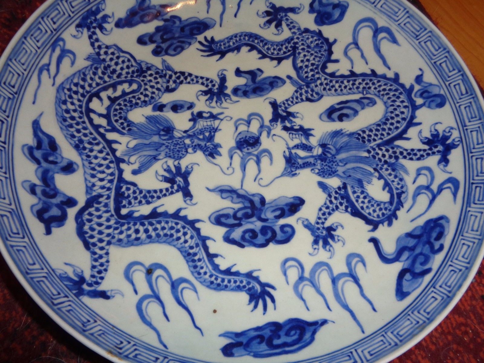 Antique Chinese Double Dragon White & Blue Plate Dish