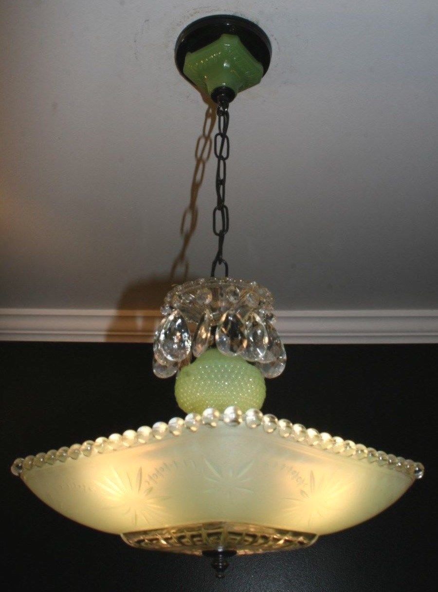 Antique jadeite green square glass art deco light fixture ceiling chandelier