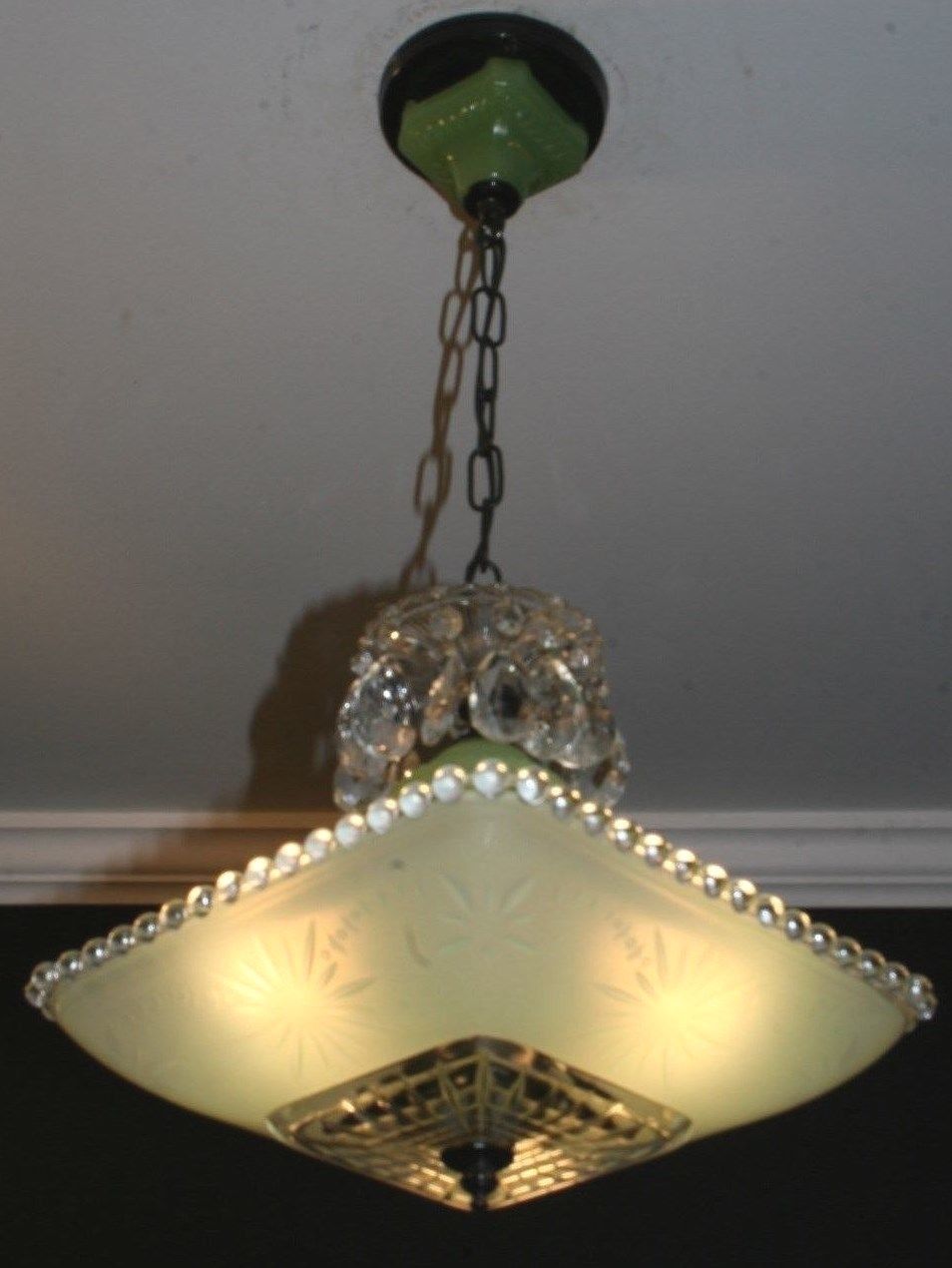 Antique jadeite green square glass art deco light fixture ceiling chandelier