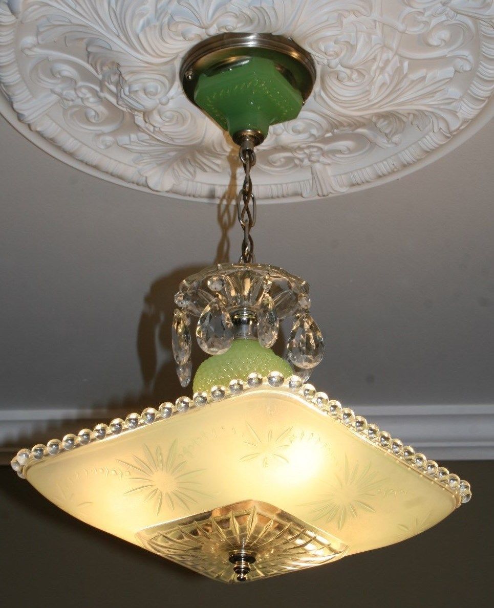 Antique jadeite green square glass art deco light fixture ceiling chandelier