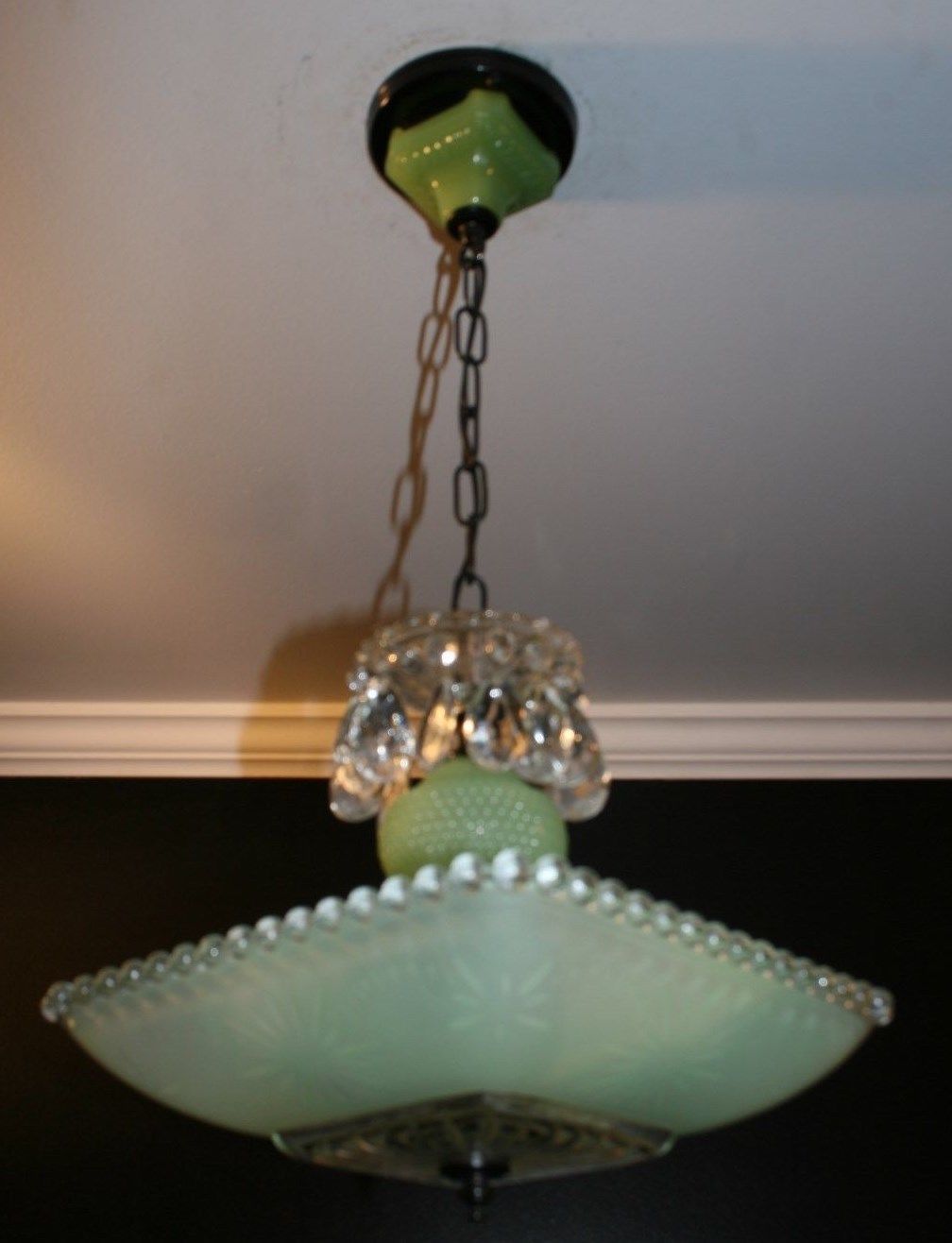 Antique jadeite green square glass art deco light fixture ceiling chandelier