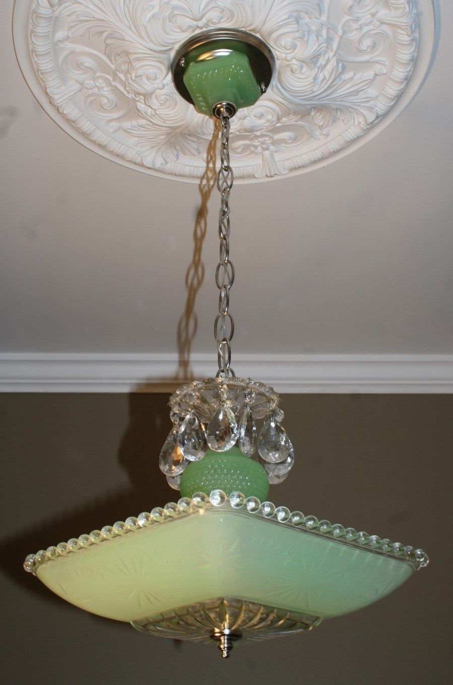 Antique jadeite green square glass art deco light fixture ceiling chandelier