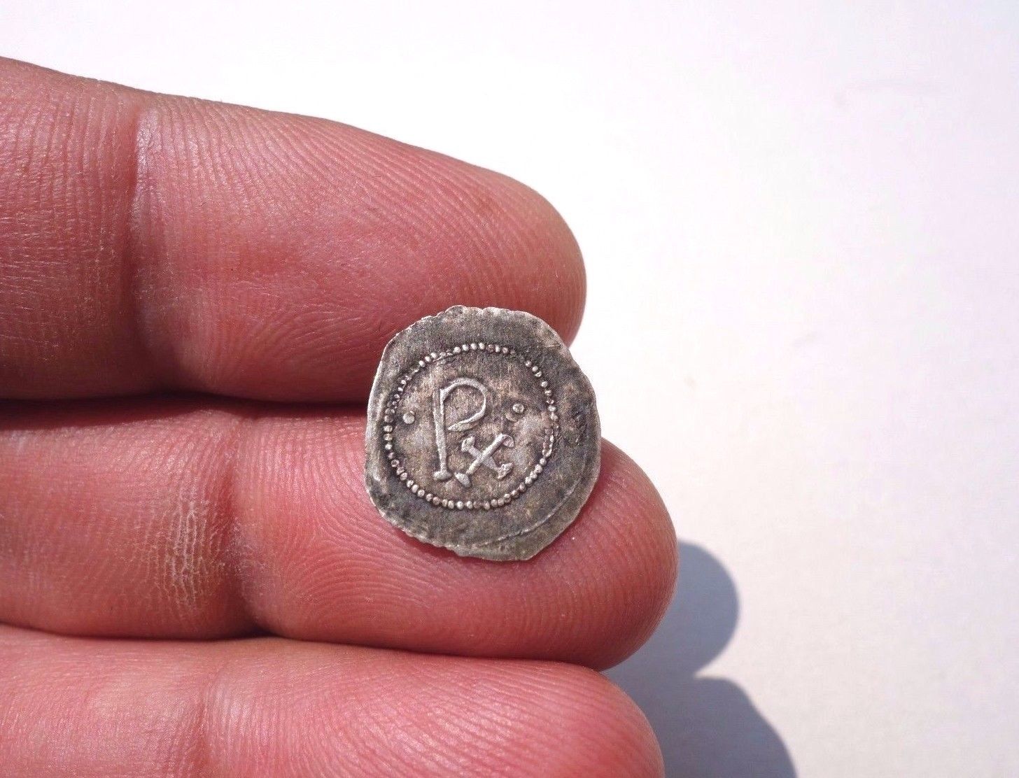 Roman Quarter Siliqua Coin, Silver, Chi Rho, and inscribed