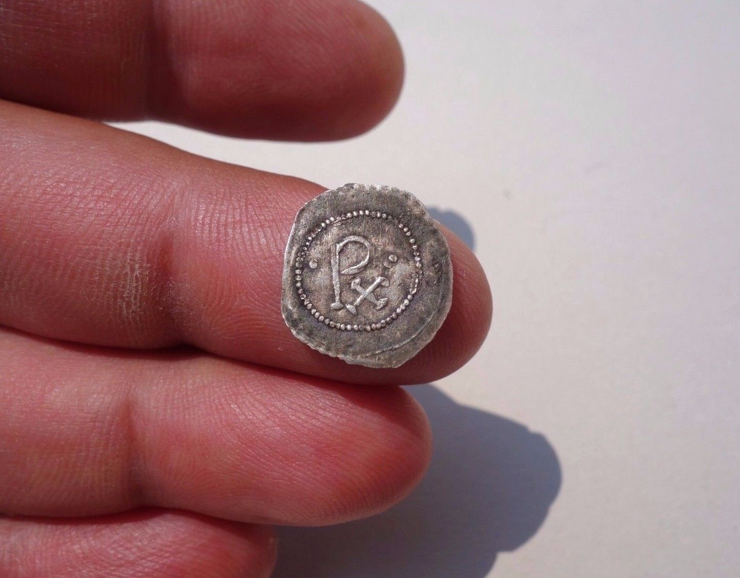 Roman Quarter Siliqua Coin, Silver, Chi Rho, and inscribed