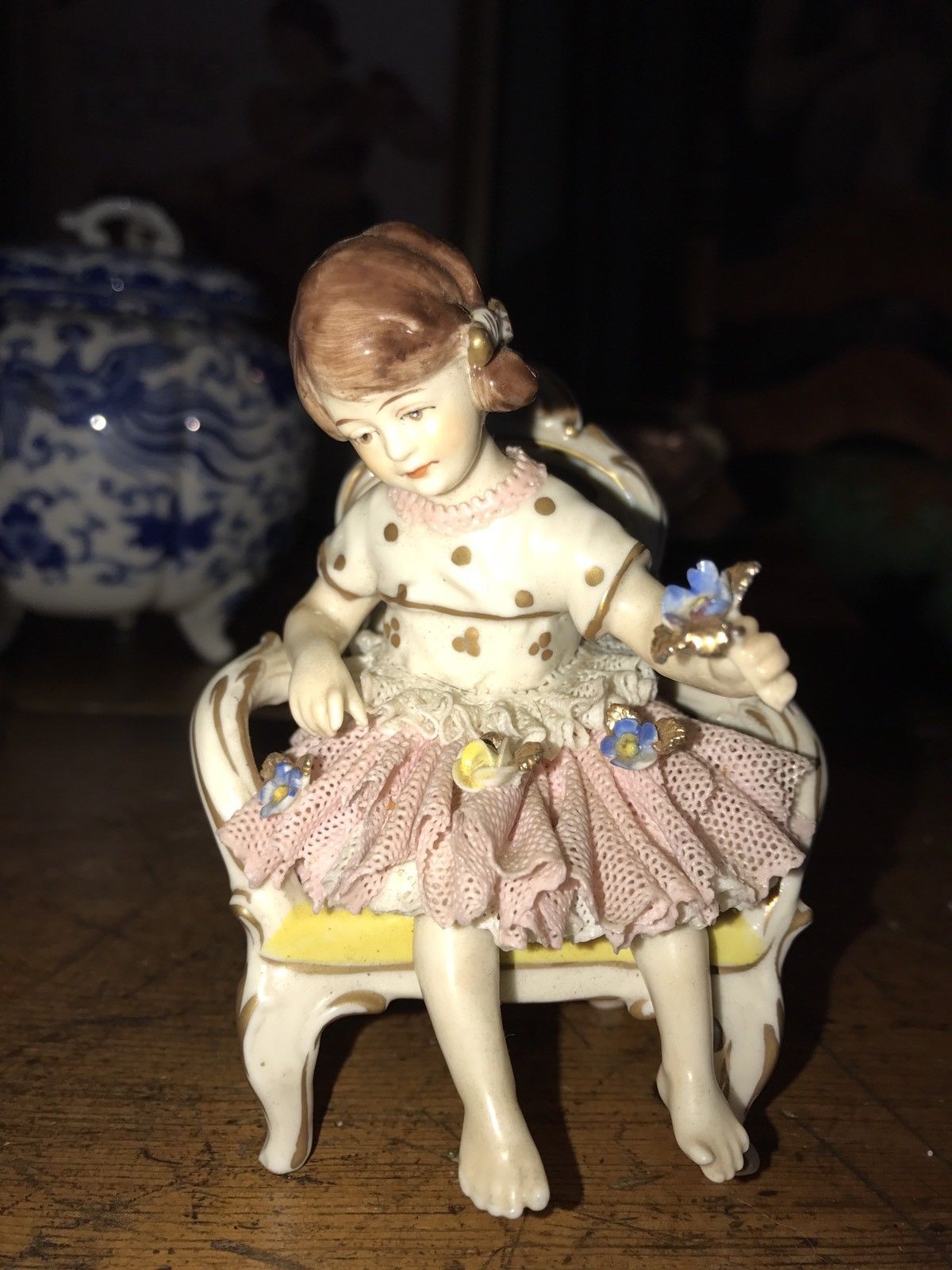 Vintage Porcelain Figurine Child In Chair  Hallmark Crown