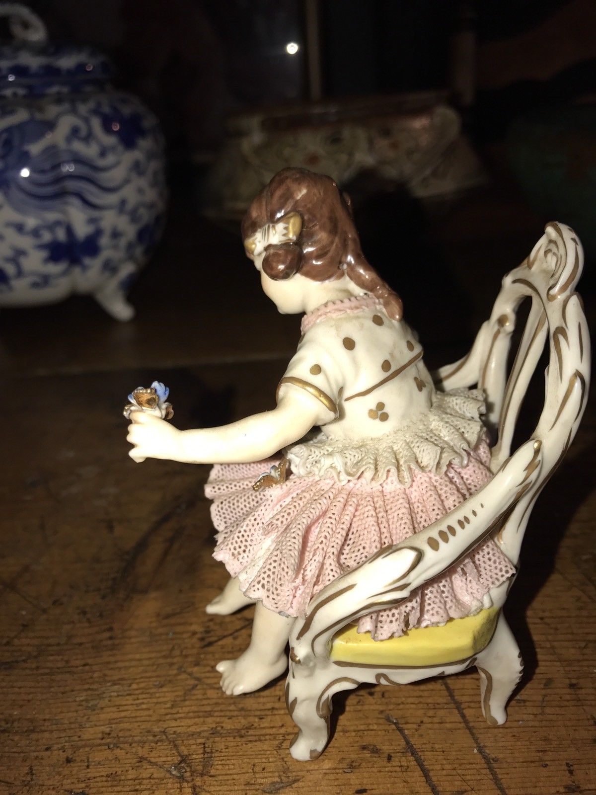 Vintage Porcelain Figurine Child In Chair  Hallmark Crown