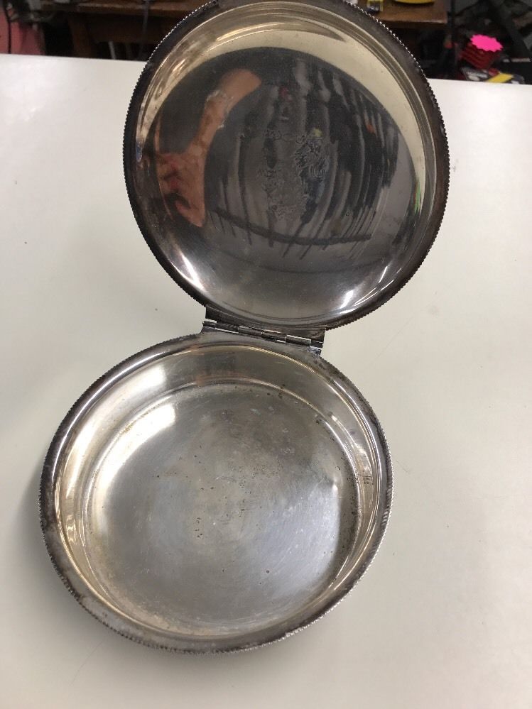 SILVER BED WARMER, WOODEN HANDLE , MEASURES 6.5" AT DIAMETER