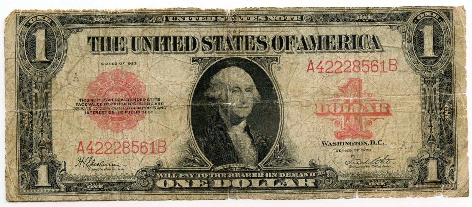 1923 $1 United States Note - Large Currency - Red Seal - One Dollar - AK493