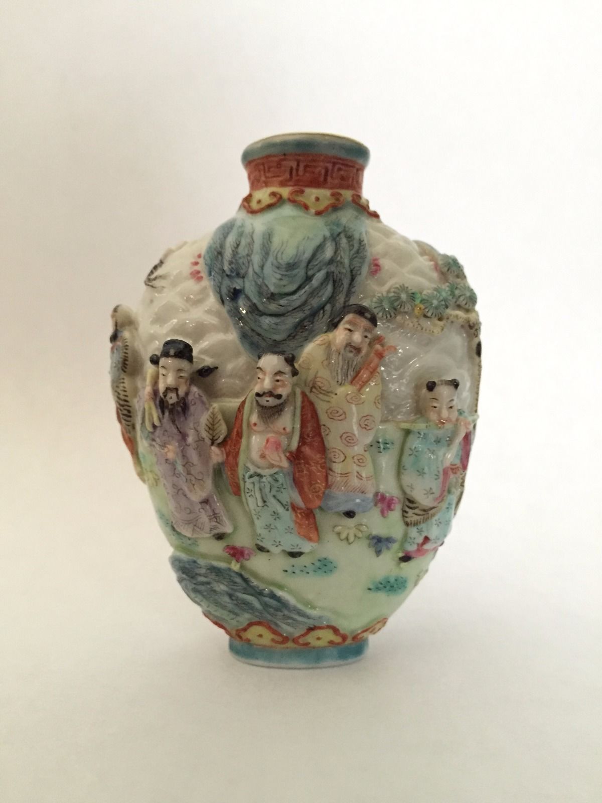 Antique Chinese Qing Dynasty Famille Rose Molded "Eight Immortals" Snuff Bottle