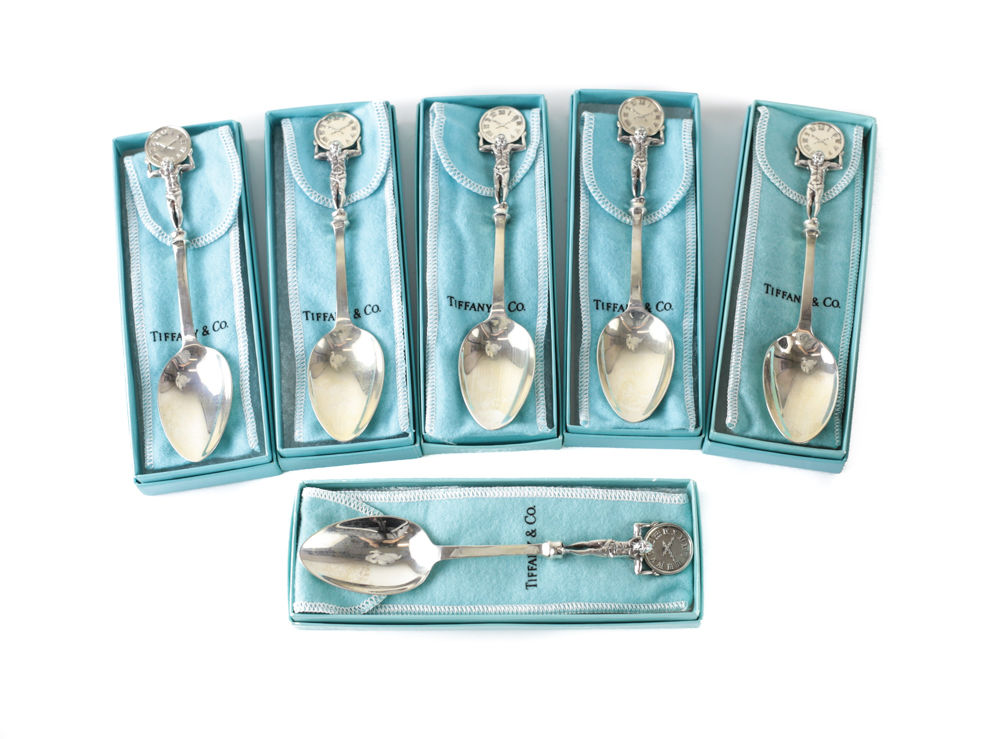 6 Tiffany & Co. Sterling Silver Spoons in Atlas Pattern. Original Boxes & Bags