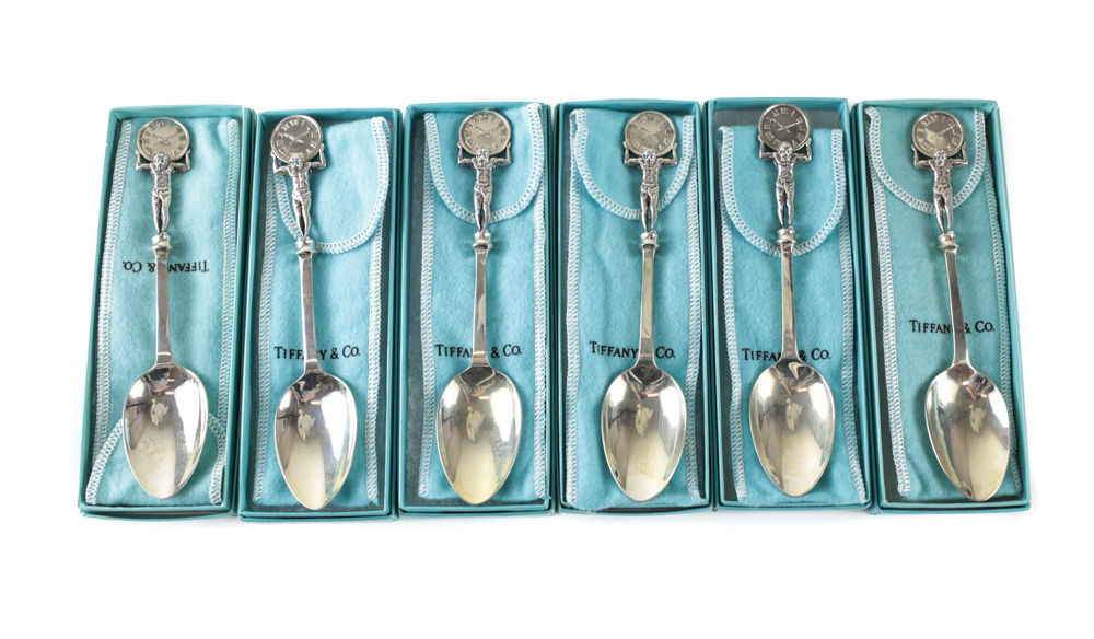 6 Tiffany & Co. Sterling Silver Spoons in Atlas Pattern. Original Boxes & Bags