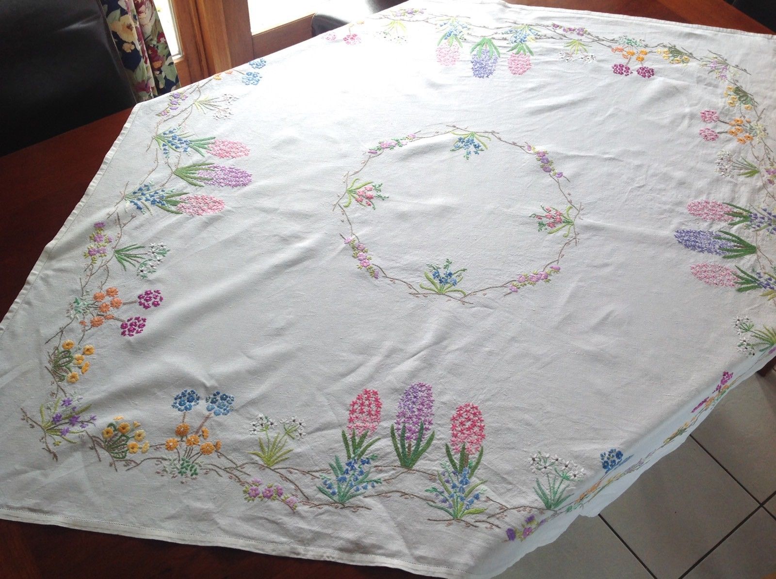 Beautiful Vintage Hand Embroidered Off White Linen Floral Tablecloth 49x50 Inch