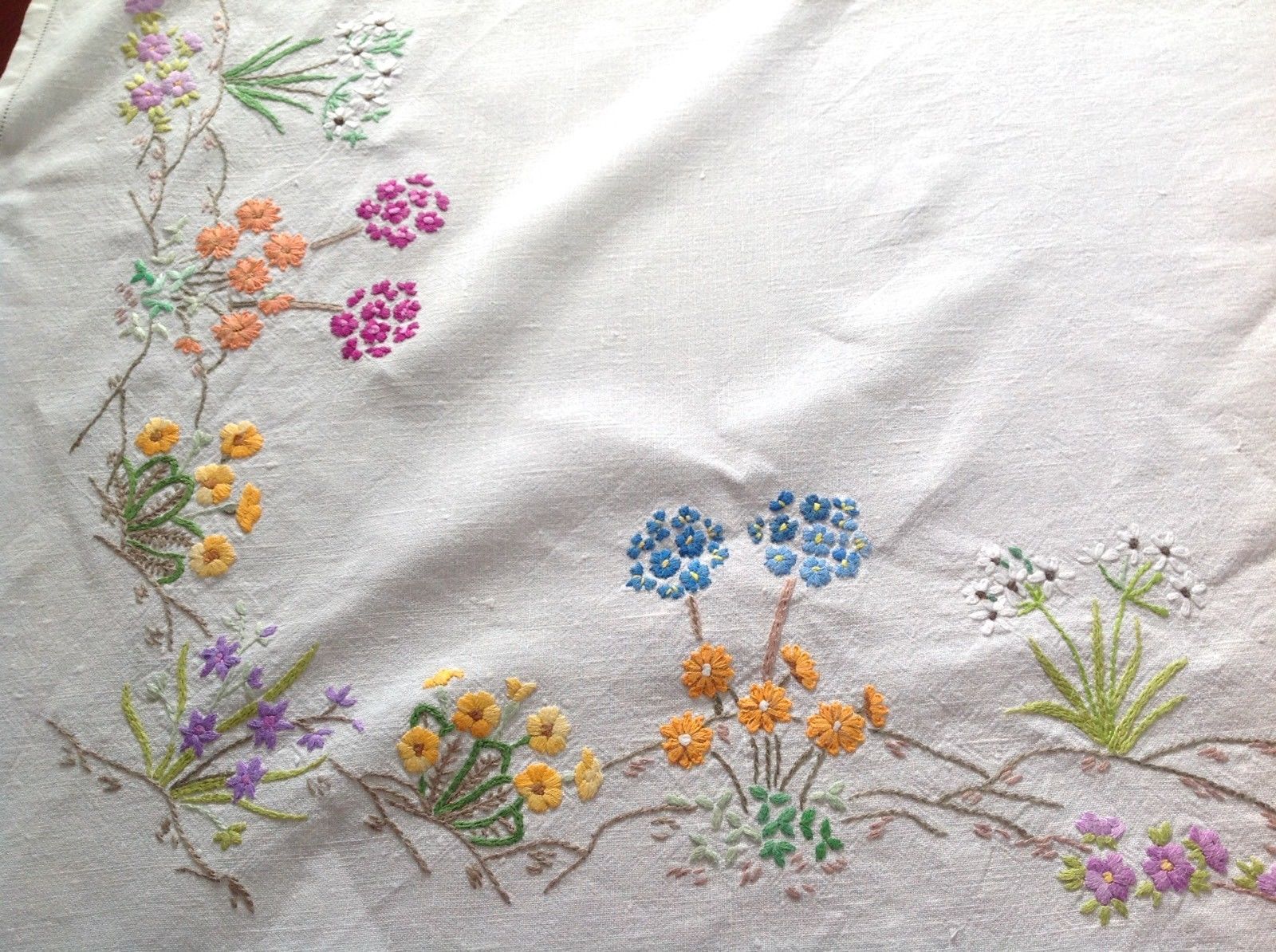 Beautiful Vintage Hand Embroidered Off White Linen Floral Tablecloth 49x50 Inch