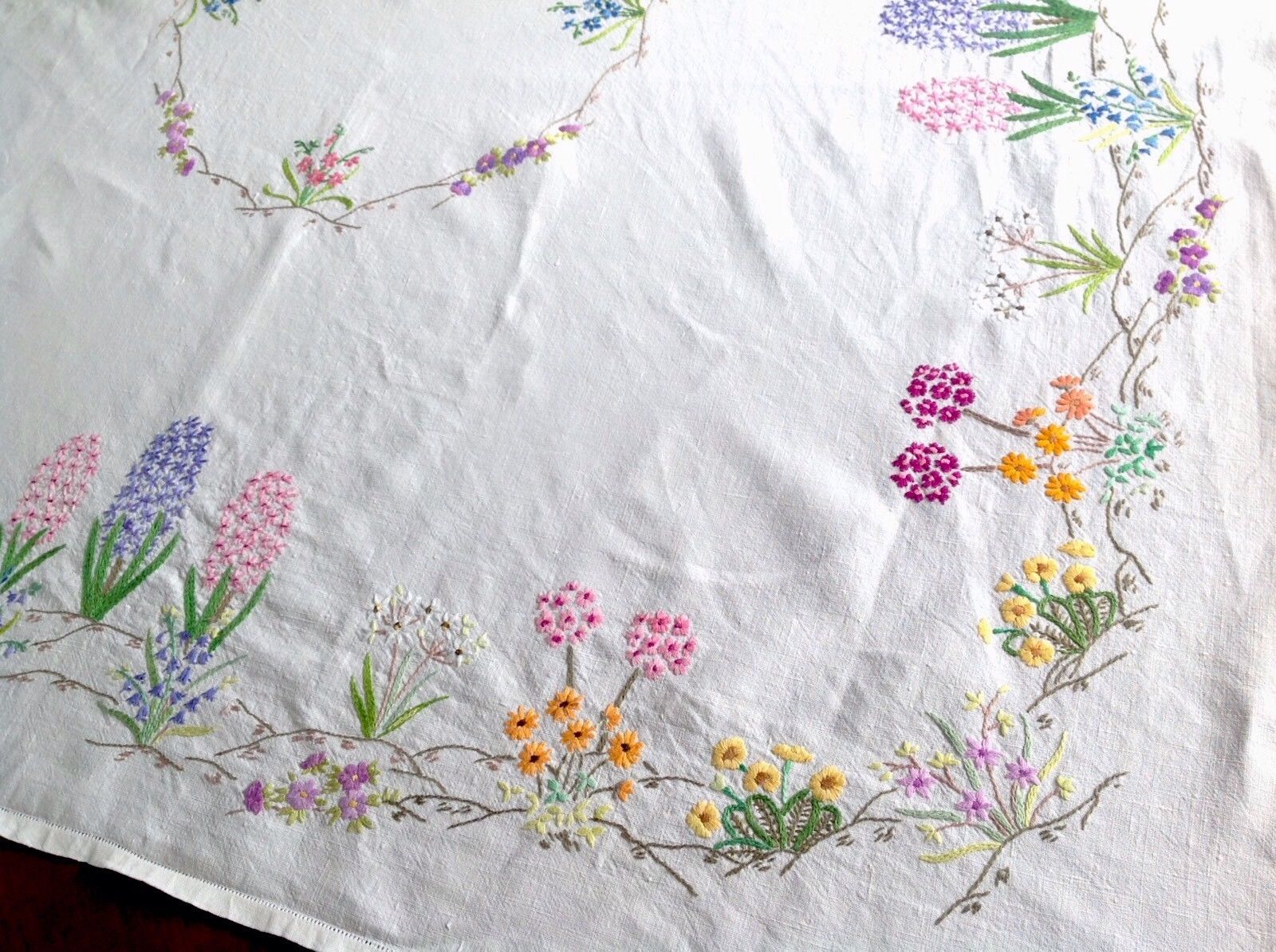 Beautiful Vintage Hand Embroidered Off White Linen Floral Tablecloth 49x50 Inch