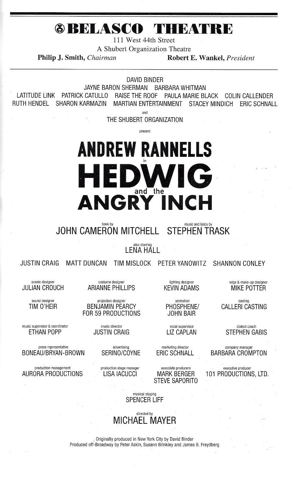 Andrew Rannells "HEDWIG and the ANGRY INCH" John Cameron Mitchell 2014 Playbill