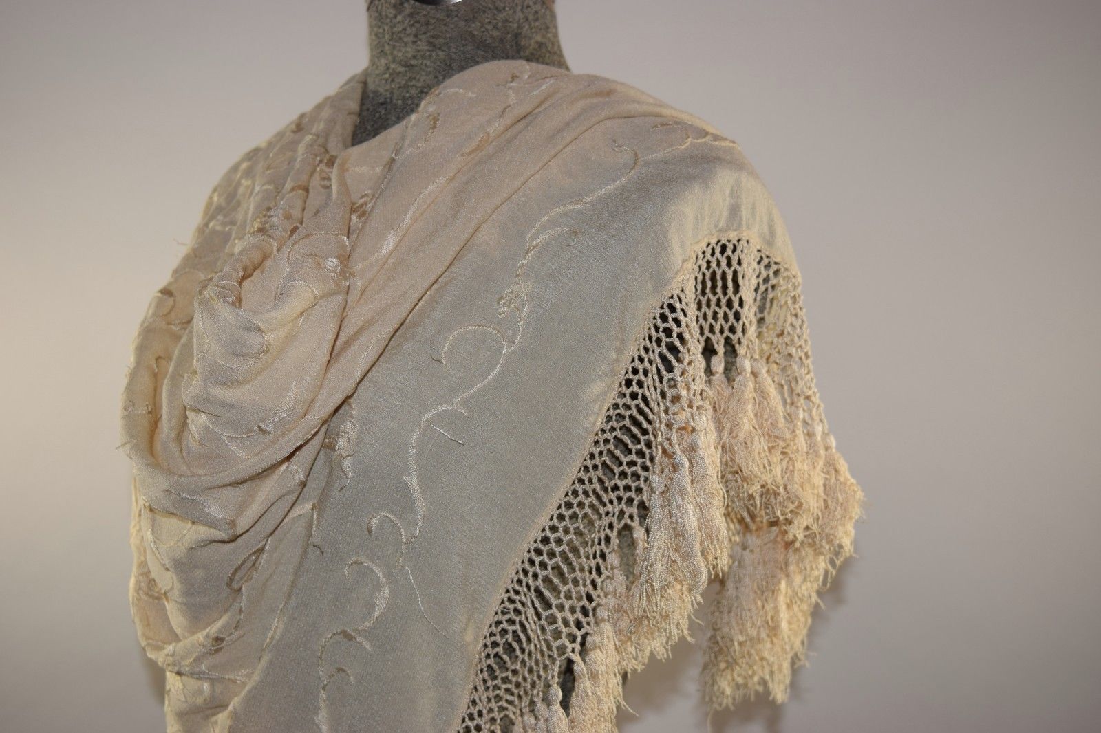 Antique 1910s 20s cream silk embroidered piano shawl Victorian wedding shawl