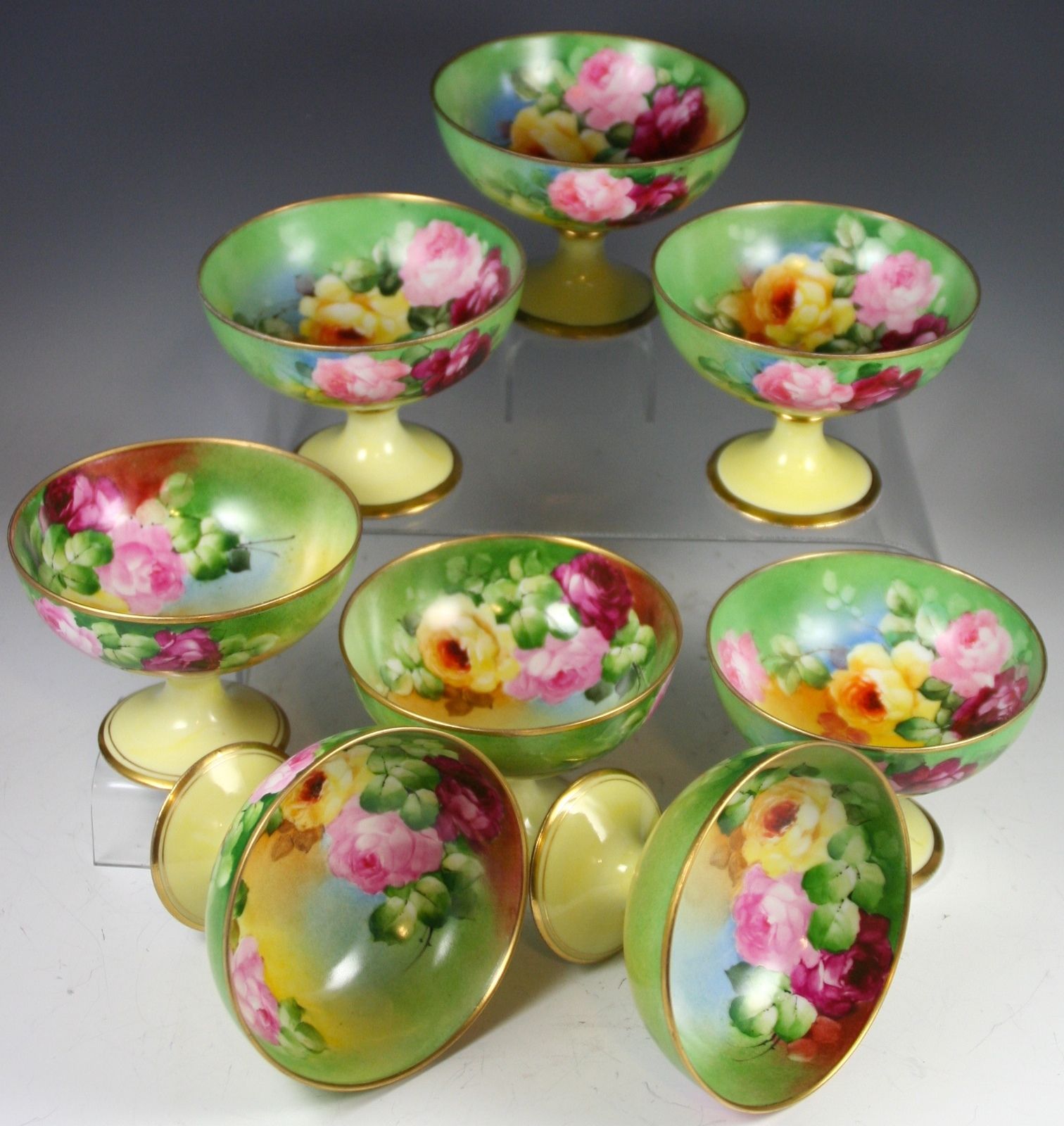 LIMOGES SET OF 8 HAND PAINTED ROSES PUNCH CUPS