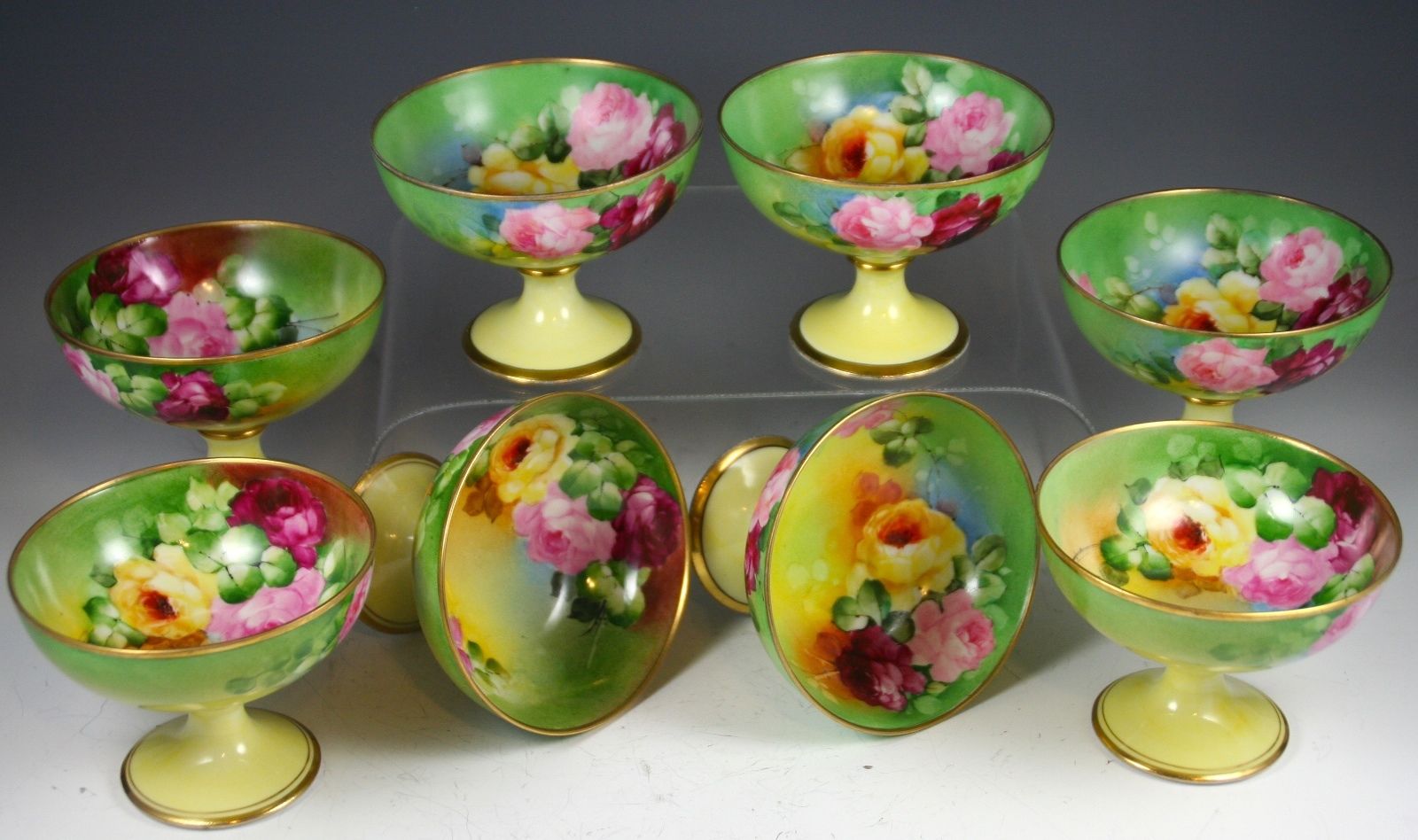 LIMOGES SET OF 8 HAND PAINTED ROSES PUNCH CUPS