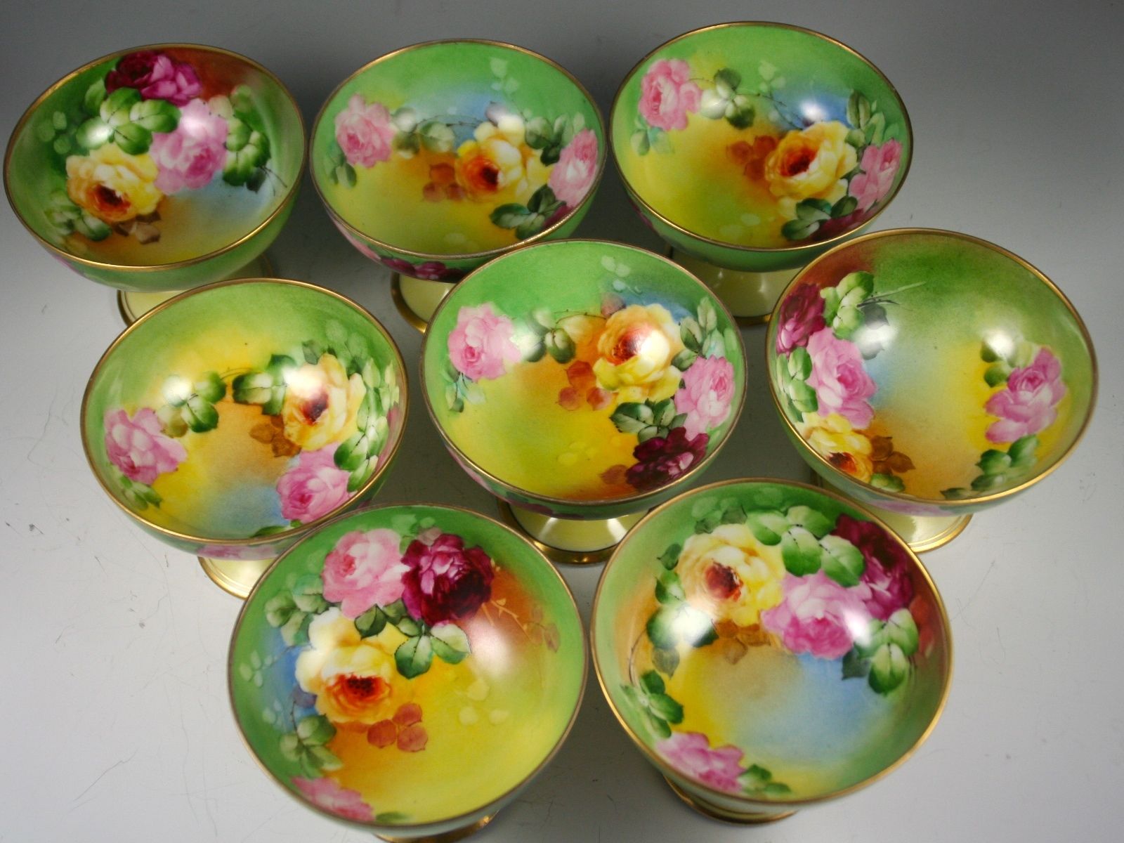 LIMOGES SET OF 8 HAND PAINTED ROSES PUNCH CUPS