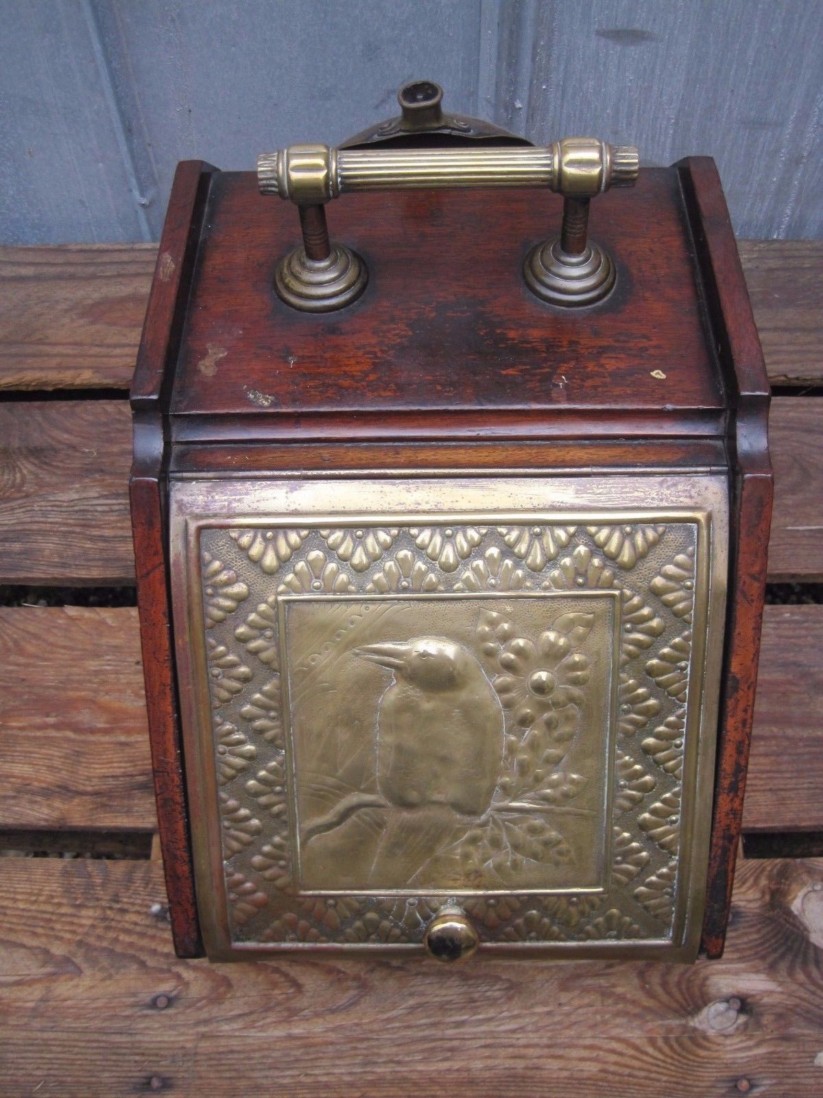 Antique English Arts&Crafts 1880s Mahogany/Brass Coal Scuttle Box & Shovel A7035