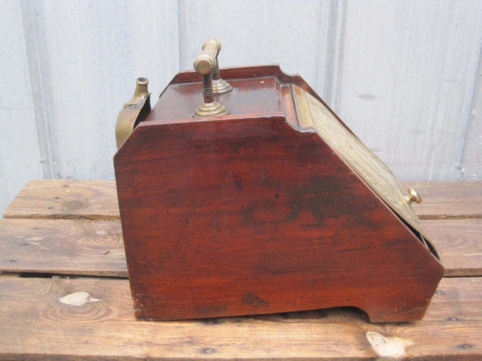 Antique English Arts&Crafts 1880s Mahogany/Brass Coal Scuttle Box & Shovel A7035