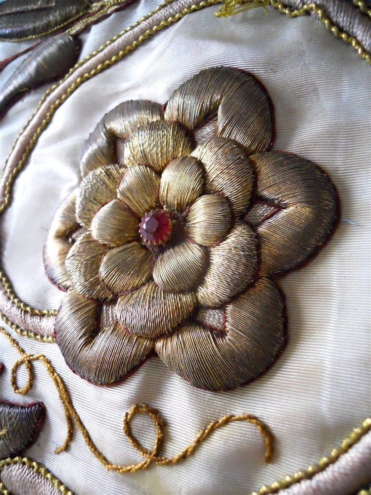 Stumpwork  metallic embroidery French antique 19th-century rhinestones