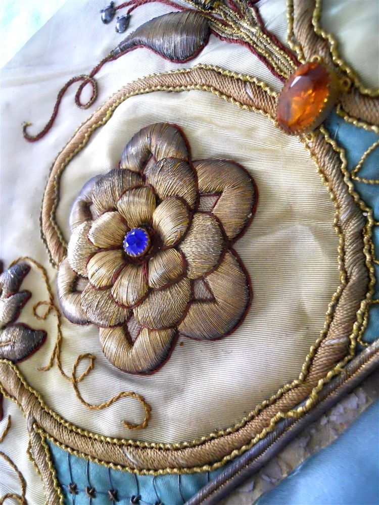 Stumpwork  metallic embroidery French antique 19th-century rhinestones